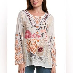 JOHNNY WAS Charlize Embroidered Silk Blouse In White